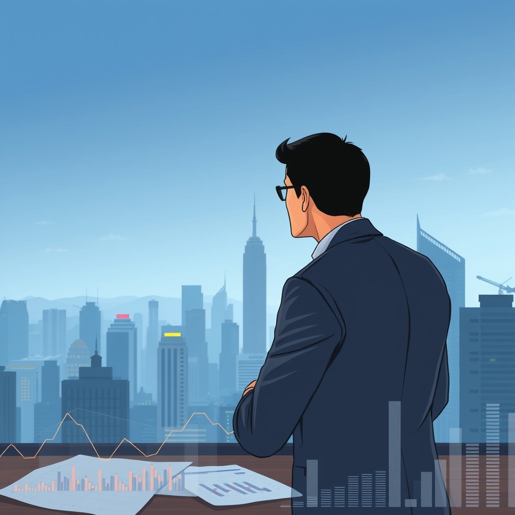 A thoughtful man in a business suit, Kevin Warsh, stands in front of a large window overlooking a bustling Wall Street skyline, with financial charts and data displayed on a digital screen beside him.