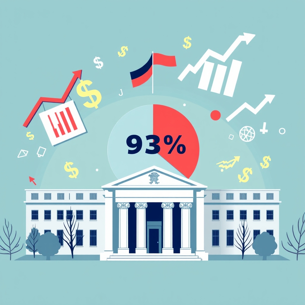 A visual representation of a financial survey showing a pie chart with 93% of respondents indicating a pause in Fed rate hikes, surrounded by icons representing the Federal Reserve and economic indicators.