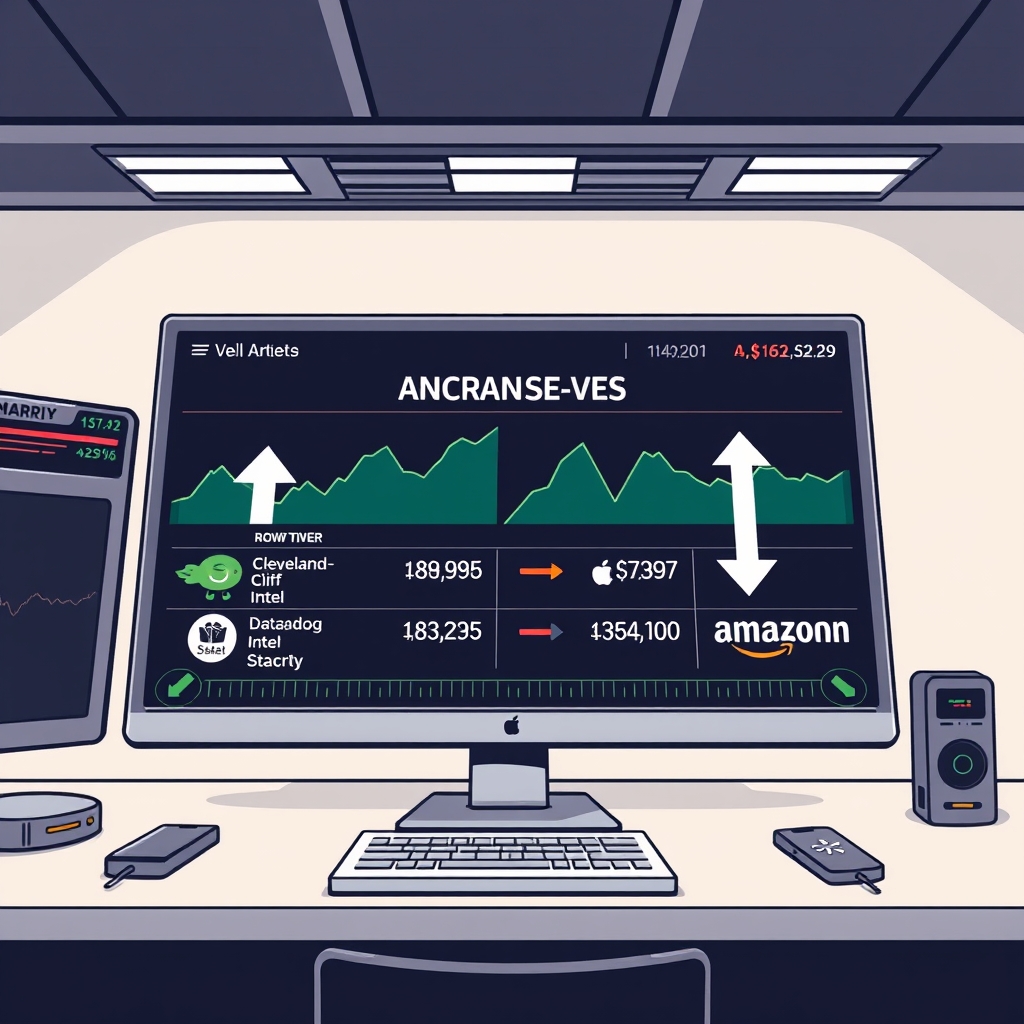 A digital illustration depicting a stock market screener interface with highlighted premarket movers including Cleveland-Cliffs, Intel, Datadog, and Amazon. The interface shows upward and downward arrows indicating stock performance changes, with a clean and modern design.