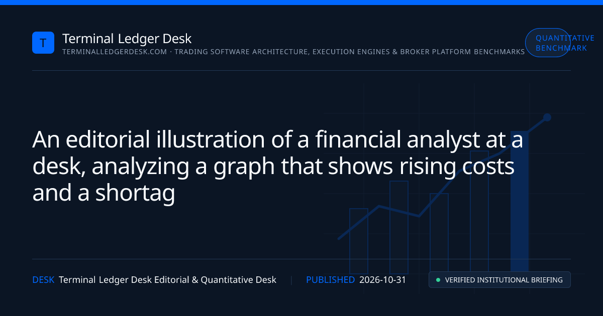 An illustration depicting a financial analyst examining a graph showing rising costs and declining availability of funding for AI projects, with symbols representing money and technology in the background.